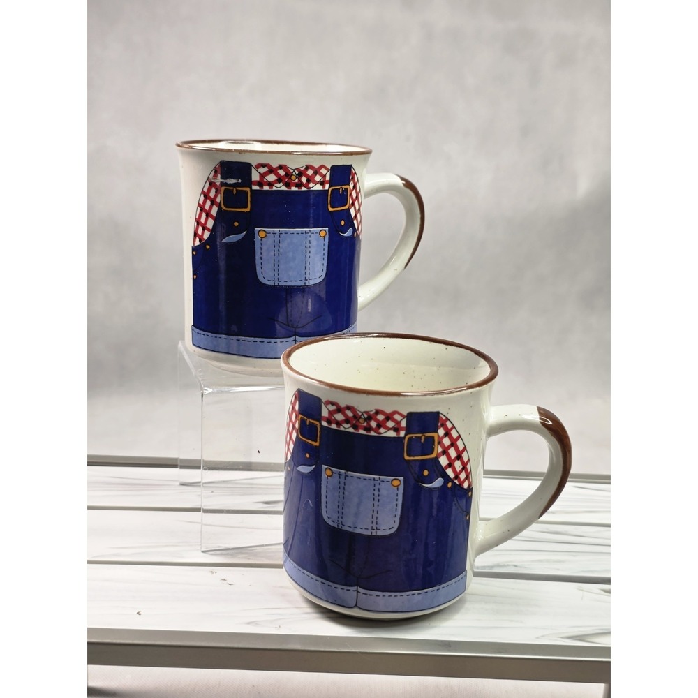 Vintage Set Of 2 Stone Farmer Overalls  Coffee Mug Lot, RetroCountry, Quirky